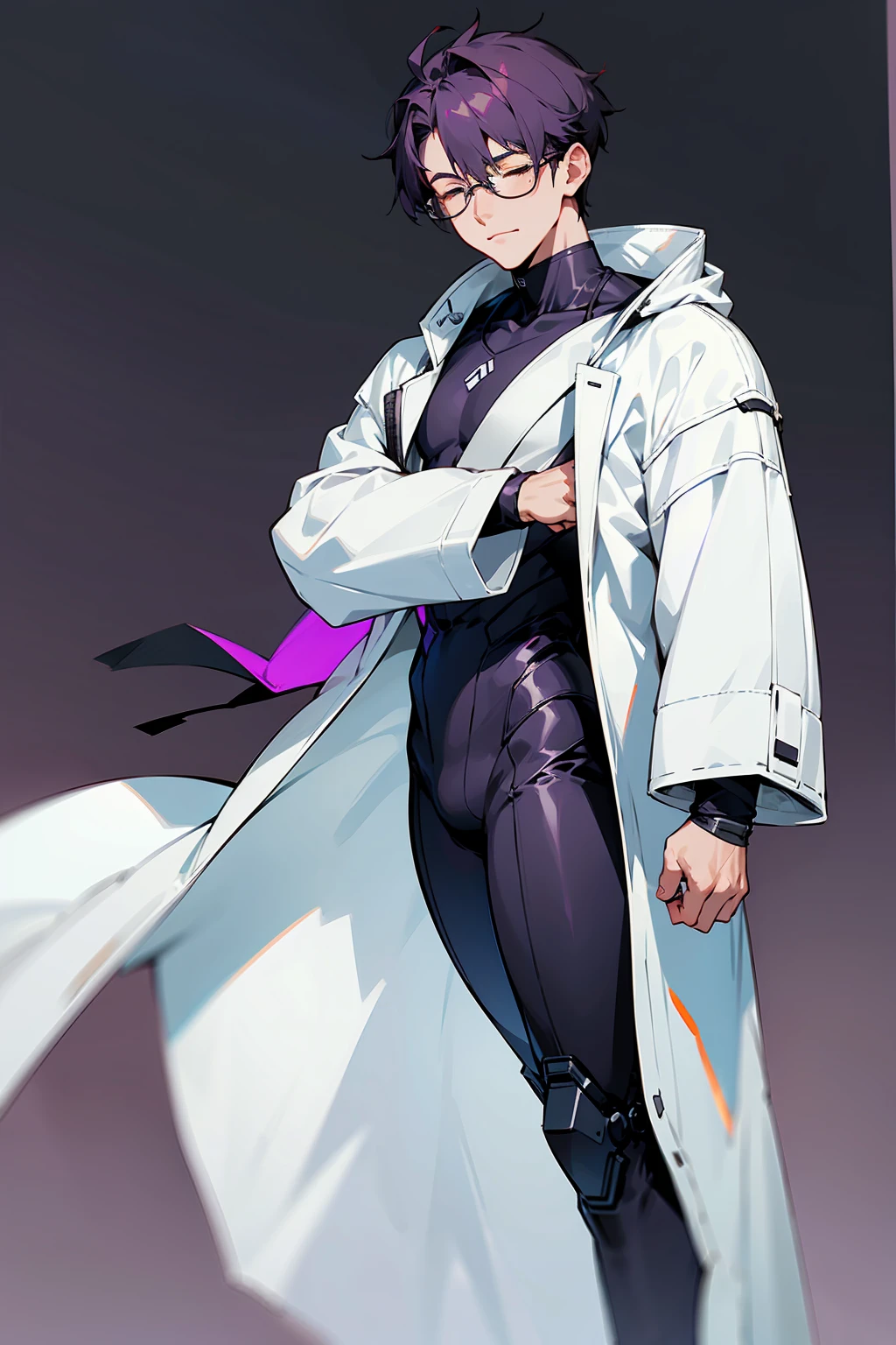 1male, Young Adult, Dark Violet Hair, Eyes Closed, Short Hair, Dojo Background, Slight Smile, Glasses, Standing In City, Detailed background, Black and White Combat Suit, White Coat