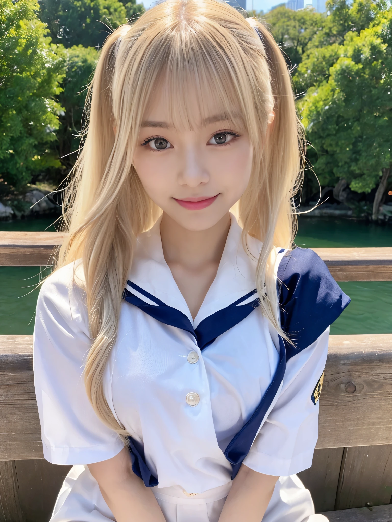 (Cowboy Shot:1.3),( Masterpiece, Highest quality), 98k, ((Perfect Anatomy:1.2)),Beautiful Japanese Women, Succubus,(One person:1.3), 20-year-old, Small face,(Cute face:1.2),Smiling, Larger breasts, ,Beautiful and detailed eyes, Evenly spaced eyes 1.2, long platinum blonde hair,（ponytail:1.2）, (Highly detailed face and skin texture), Beautiful face in golden proportions,White skin,(Sailor suit:1.2),Random sexy poses、(Expose the valley:1.3),(Exposing your thighs:1.2）