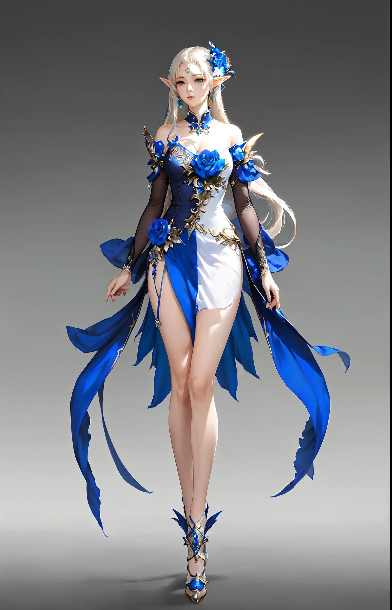 One wearing a blue and white dress、woman holding sword, Anime Characters; full body art, Beautiful and elegant elf queen, Fantasy Costume, Beautiful full body concept art, Epic and beautiful character art, Beautiful character painting, author:Yang Jie, Character posing in concept art, Stunning character art, Beautiful charming anime woman, full body xianxia, Beautiful fantasy queen
