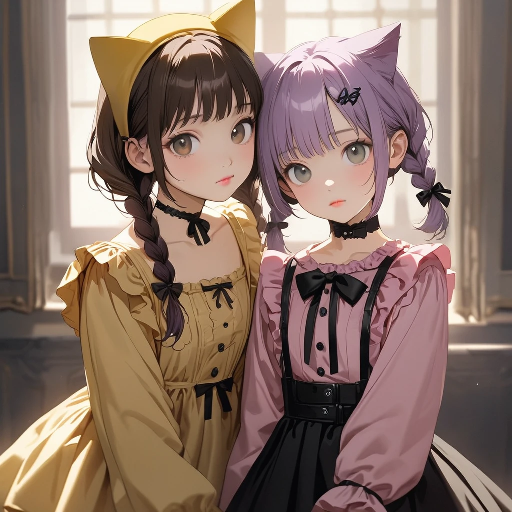 (Cute a girl:1.5), (a girl with closs hair pin,pale purple hair,wavy two braids,bluntbangs hair,green and black eyes,
pink shirt,cosplay, jirai kei, bangs, black skirt, black bow, looking at viewer, bow, long sleeves, choker, ribbon,pink lips, :1.4),(masterpiece:1.3), anime visual, (Lovey-dovey:1.5), (tilt head:1.3), extremely delicate face, soft clean focus, realistic lighting and shading, (an extremely delicate and beautiful art:1.3), elegant, (muted colors:1.1), A girl with a short brown haircut wearing a yellow helmet, cat ears on the helmet, brown eyes, a yellow dress, the two of them drinking tea together, a cake stand between them,