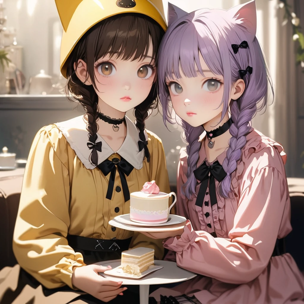 (Cute a girl:1.5), (a girl with closs hair pin,pale purple hair,wavy two braids,bluntbangs hair,green and black eyes,
pink shirt,cosplay, jirai kei, bangs, black skirt, black bow, looking at viewer, bow, long sleeves, choker, ribbon,pink lips, :1.4),(masterpiece:1.3), anime visual, (Lovey-dovey:1.5), (tilt head:1.3), extremely delicate face, soft clean focus, realistic lighting and shading, (an extremely delicate and beautiful art:1.3), elegant, (muted colors:1.1), A girl with a short brown haircut wearing a yellow helmet, cat ears on the helmet, brown eyes, a yellow dress, the two of them drinking tea together, a cake stand between them,