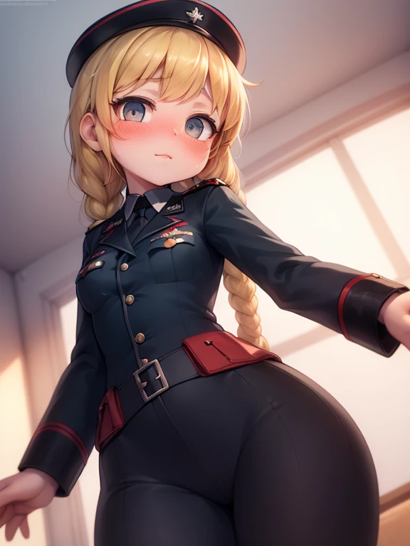 standing over viewer, from below, low angle, ultra cute girl, beautiful lights and shadows, ambient light, ultra detailed, volumetric light, cute german ww2 army girl, third reich, ss officer, black uniform, blond hair, braids, blush,