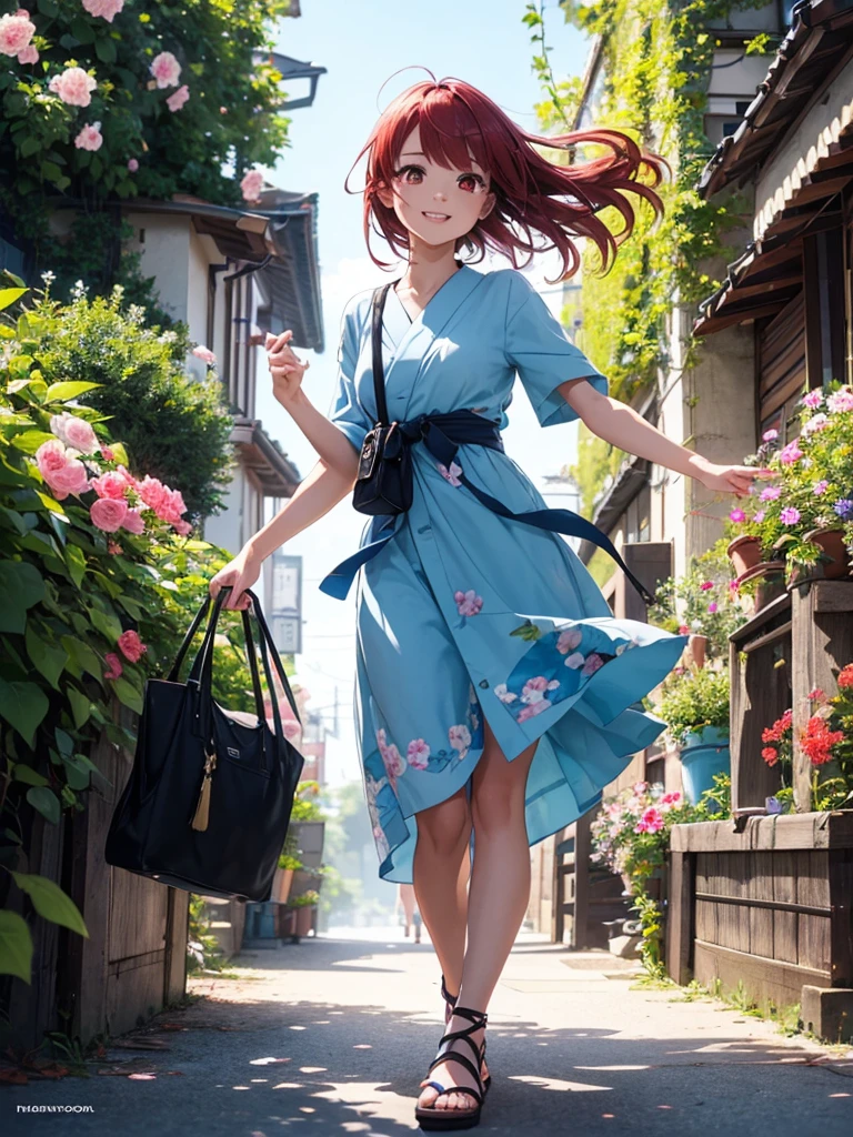beautiful young woman, anime style, detailed face, red hair, red eyes, delicate features, soft lighting, wearing a stylish summer outfit, sundress, sandals, holding a small bag, standing outside in a sunny environment, vibrant greenery, clear blue sky, flowers in bloom, excited expression, dynamic pose, Japanese anime style, high quality, highly detailed, 8k resolution, cinematic lighting, best quality, vibrant colors, Instagrammable, aesthetic, trendy