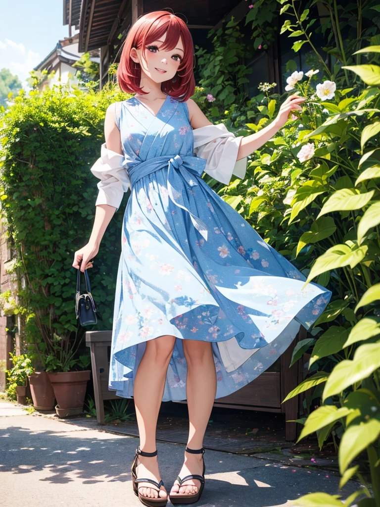 beautiful young woman, anime style, detailed face, red hair, red eyes, delicate features, soft lighting, wearing a stylish summer outfit, sundress, sandals, holding a small bag, standing outside in a sunny environment, vibrant greenery, clear blue sky, flowers in bloom, excited expression, dynamic pose, Japanese anime style, high quality, highly detailed, 8k resolution, cinematic lighting, best quality, vibrant colors, Instagrammable, aesthetic, trendy