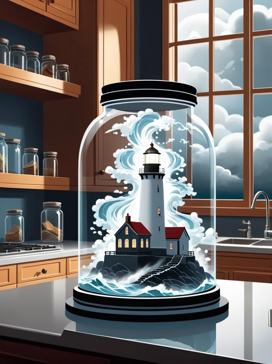 (flat, user interface vector style), (world in a bottle), Breathtaking epic scenes，Optical illusion of a lighthouse in a storm，Thunderstorm，(Inside the glass jar), Glass jars on the kitchen counter，Ray Tracing，Awe，Swirling mist，Awe，mystery，Jay Anacleto&#39;s style，Bokeh，The award-winning，major，Highly detailed，1pzsj1