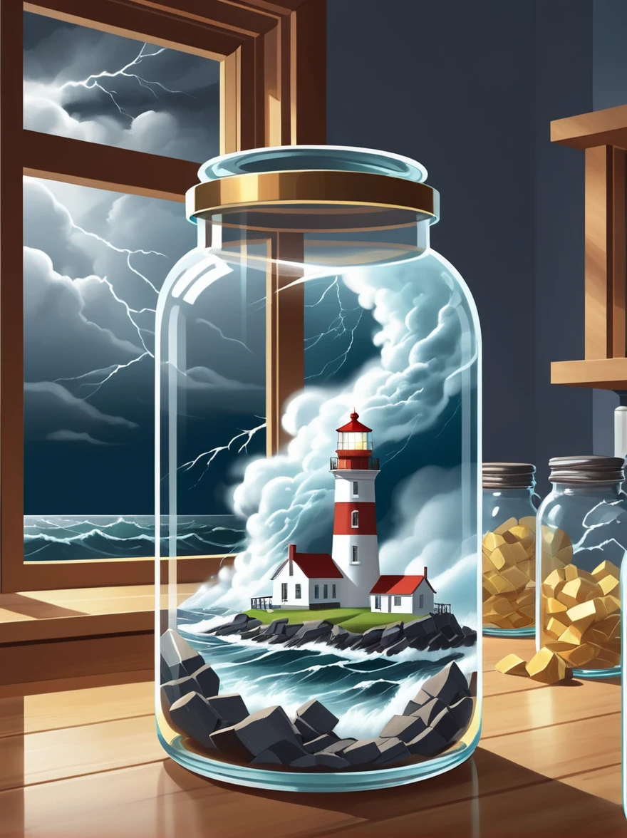 (flat, user interface vector style), (world in a bottle), Breathtaking epic scenes，Optical illusion of a lighthouse in a storm，Thunderstorm，(Inside the glass jar), Glass jars on the kitchen counter，Ray Tracing，Awe，Swirling mist，Awe，mystery，Jay Anacleto&#39;s style，Bokeh，The award-winning，major，Highly detailed，1pzsj1