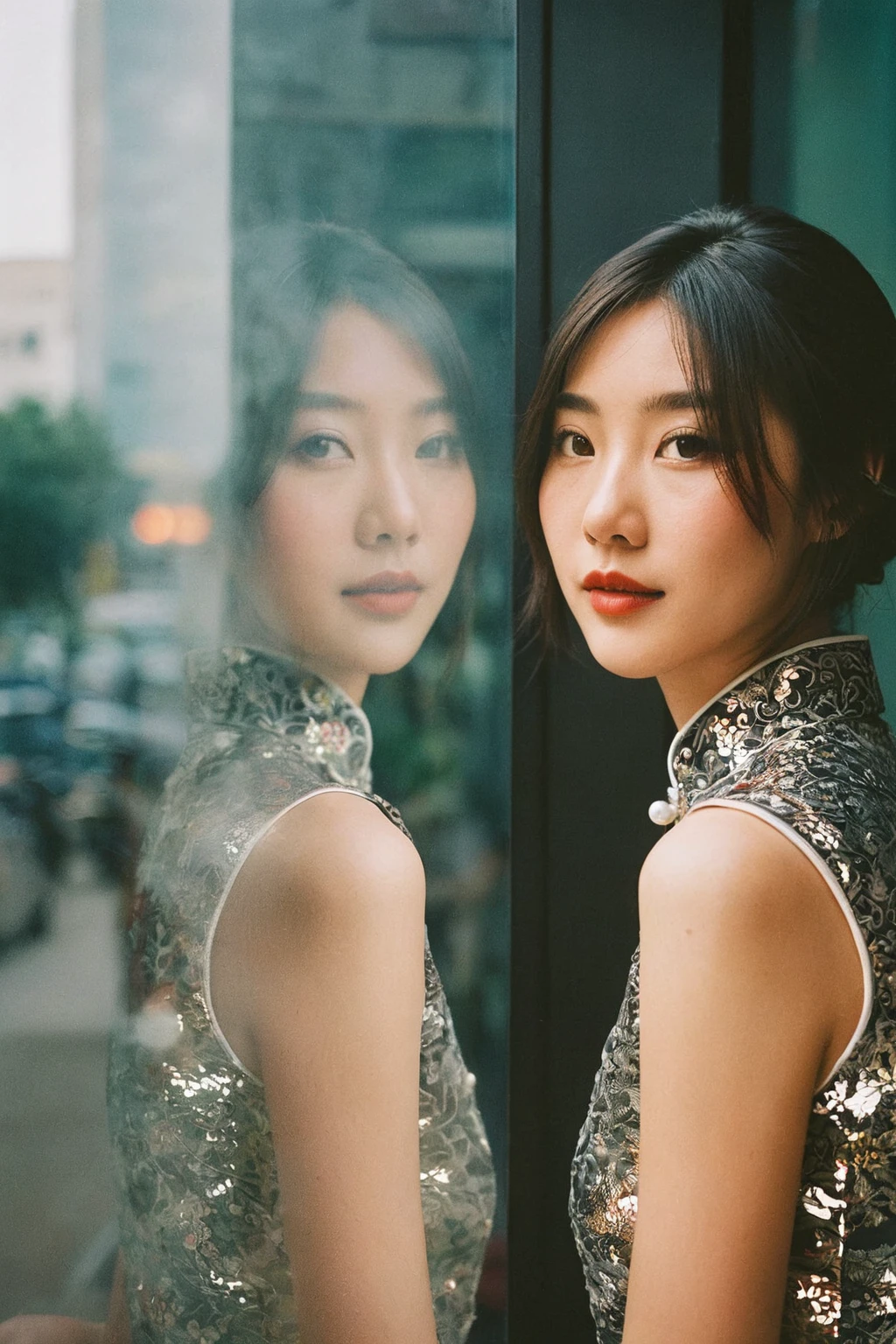 shot of attractive Chinese qipao girl in a city modern cafe, brunette, casual smirk, reflections trough a window of another person walking. candid, minimalism, moody, modern, cinematic realism, Eye Level Shot, analog film photo, Kodachrome.