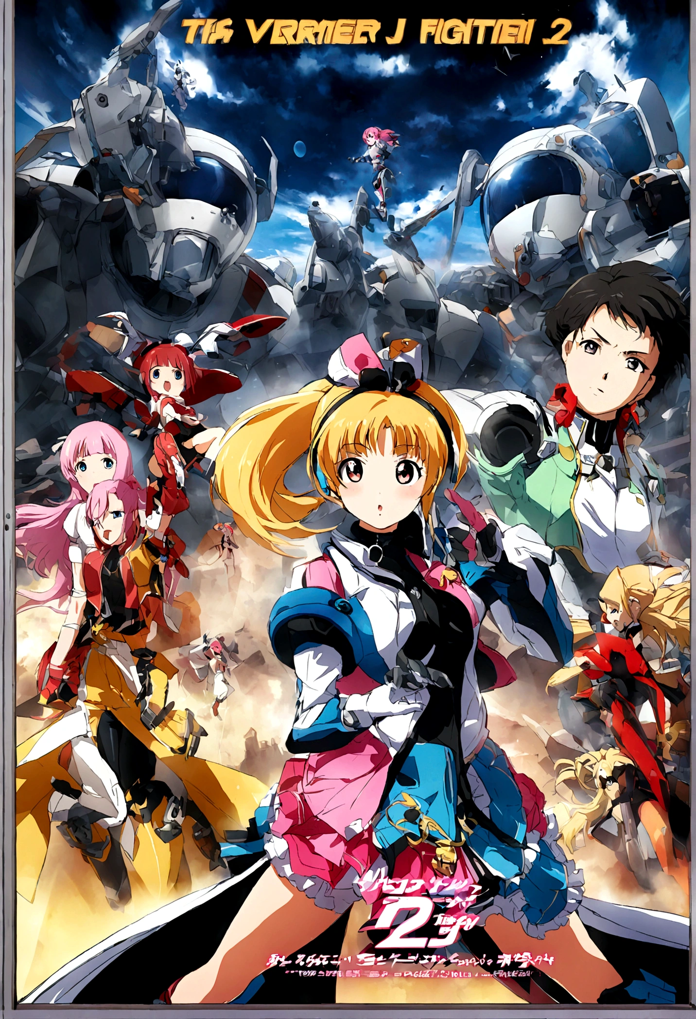 Macross Saga, (multiple subjects, extreme complexity) (subject 1:Rick Hunter (pilot suit)) and Lynn (subject 2: Minmei (j pop idol outfit)) with a Veritech fighter in robot mode standing in the background, movie poster
