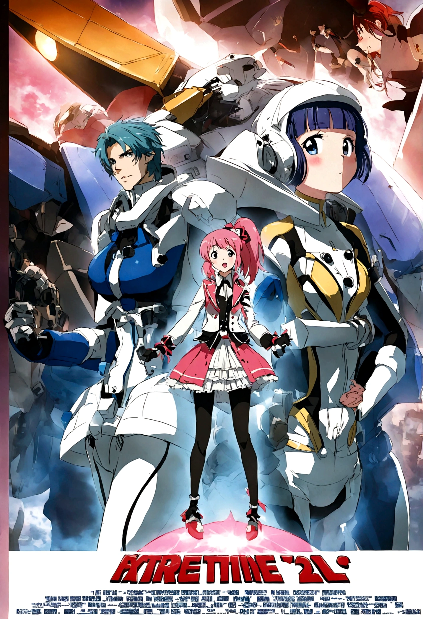 Macross Saga, (multiple subjects, extreme complexity) (subject 1:Rick Hunter (pilot suit)) and Lynn (subject 2: Minmei (j pop idol outfit)) with a Veritech fighter in robot mode standing in the background, movie poster