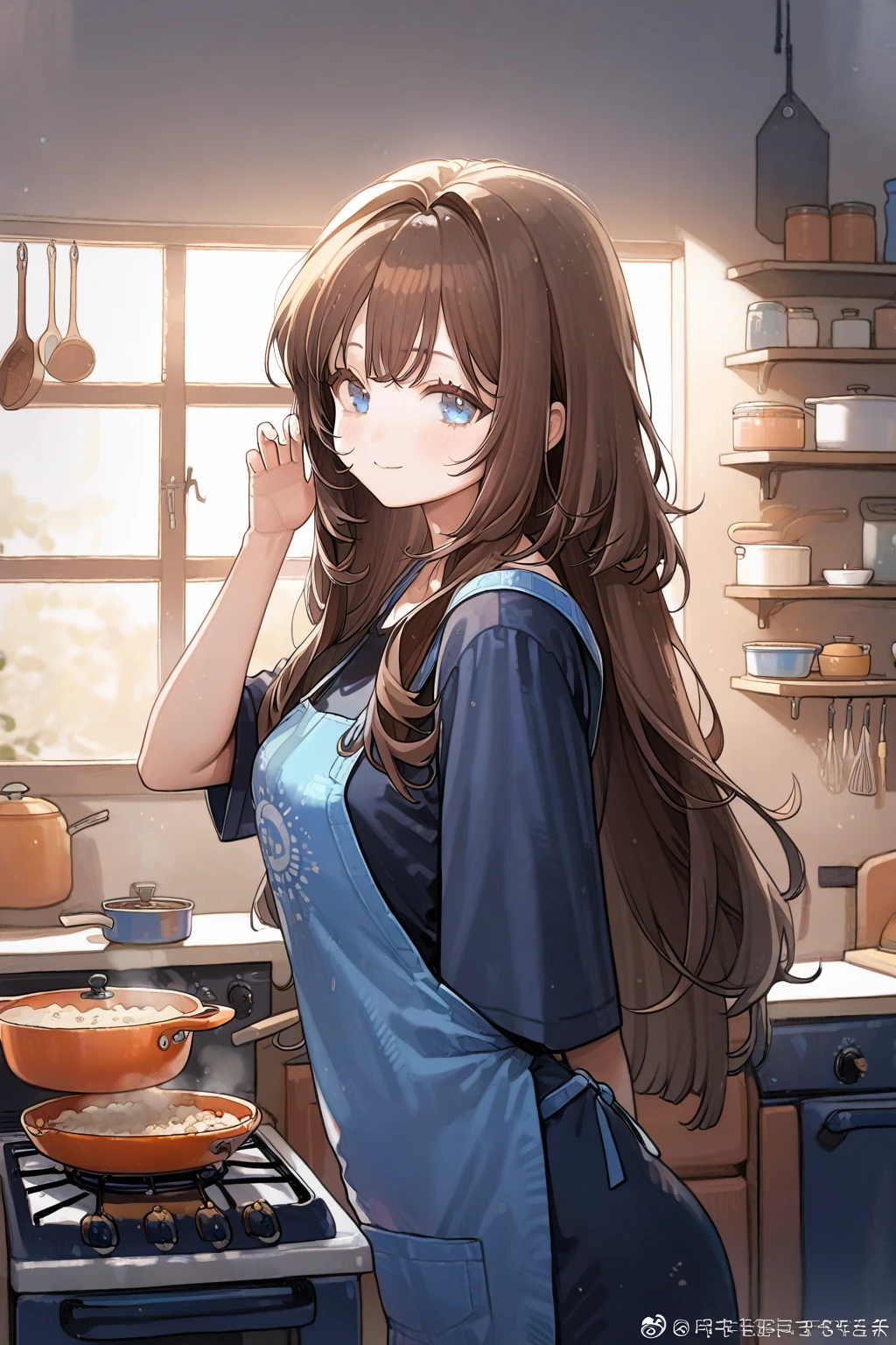 1 girl, CuteStyle, upper body, blue eyes, brown hair, long hair with bangs, dressed in a black T-shirt, wearing a blue cooking apron, standing in the kitchen, cooking, standing near the stove, window, light, the sun's rays make their way through the window, specks of dust in the air, focusing, blurred background, looking at the viewer, blush, happy smile, happy eyes, detailed, beautiful, gentle tones