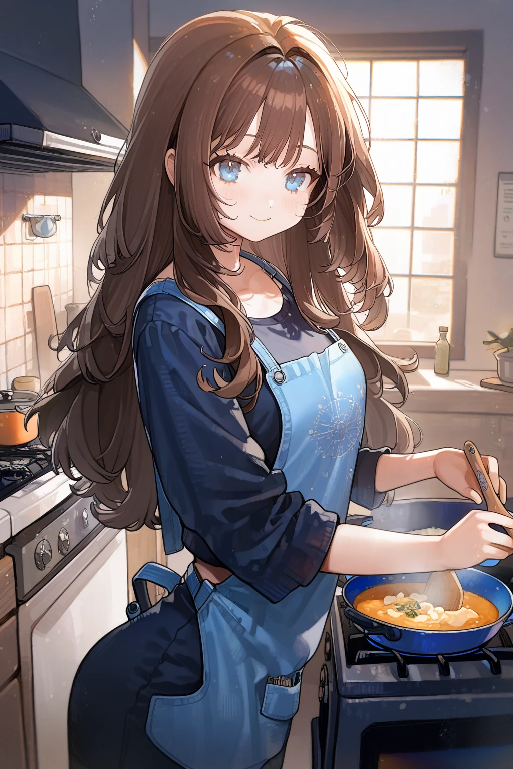 1 girl, CuteStyle, upper body, blue eyes, brown hair, long hair with bangs, dressed in a black T-shirt, wearing a blue cooking apron, standing in the kitchen, cooking, standing near the stove, window, light, the sun's rays make their way through the window, specks of dust in the air, focusing, blurred background, looking at the viewer, blush, happy smile, happy eyes, detailed, beautiful, gentle tones