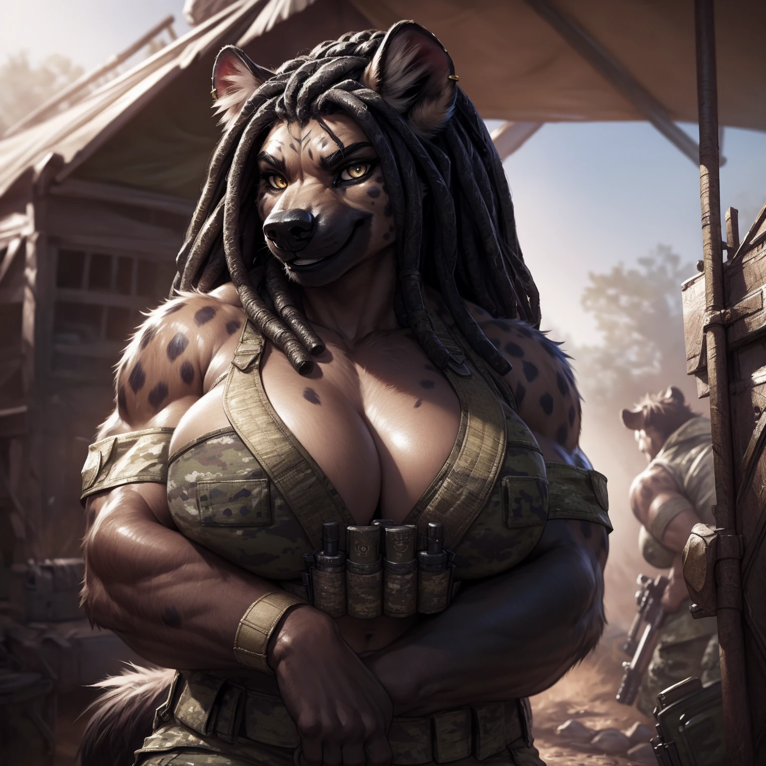 solo, 1girl, hyena, female, broad shoulders, stocky build, buff, muscular, large breasts, dreadlocks, black hair, gold eyes, highly detailed eyes, Amazon, powerful figure, wearing camouflage_uniform, (monochrome uniform:1.2), military camp, rolled sleeves, cleavage, arms folded, combat boots, full body, pleasant smile, looking at viewer, realistic textures, realistic lighting, by darkgem,