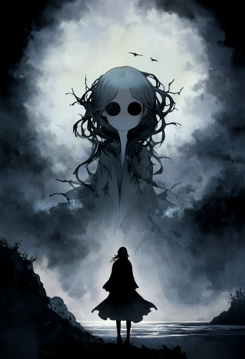 "As the waves lapped against the shore under the moonless sky, a chill wind swept through the deserted beach. Out of the mist emerged a figure, translucent and ethereal, drifting silently across the black sands. Its presence cast a palpable fear, sending shivers down your spine. As you watched, paralyzed with dread, the ghostly form turned towards you with hollow eyes that glowed with an otherworldly light. The air grew colder, and whispers filled your ears, beckoning you closer. Would you confront this restless spirit or flee into the darkness, haunted by its haunting gaze?"