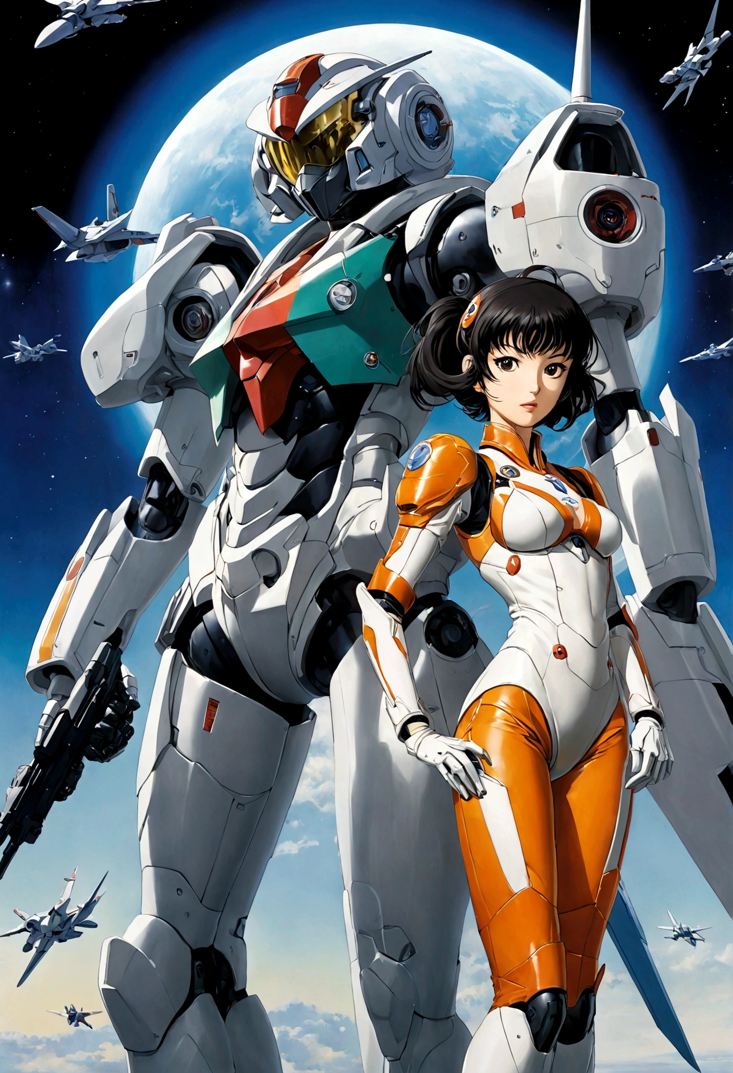 Macross Saga, (multiple subjects, extreme complexity) (subject 1:Rick Hunter (pilot suit)) and Lynn (subject 2: Minmei (j pop idol outfit)) with a Veritech fighter in robot mode standing in the background, movie poster

