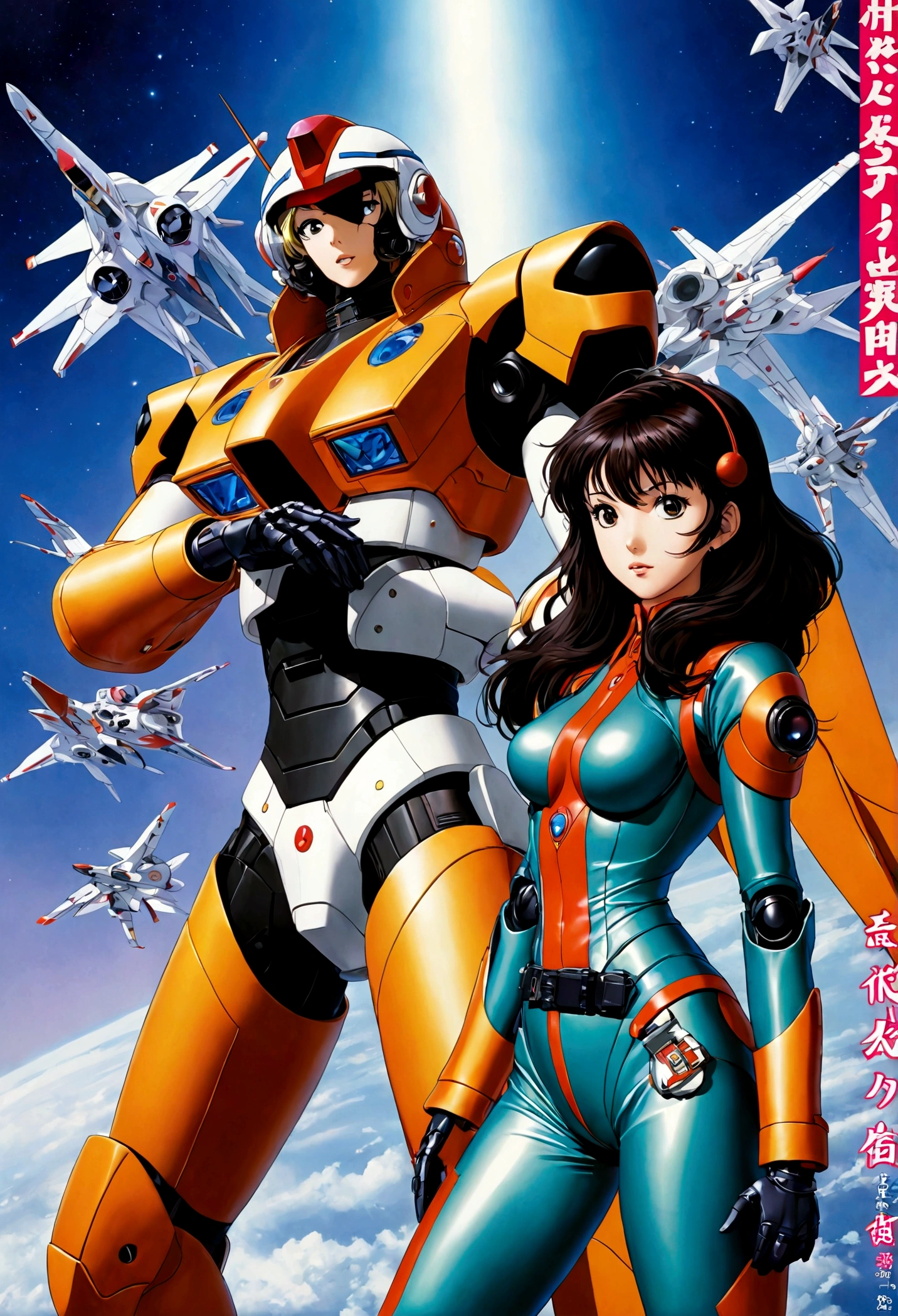 Macross Saga, (multiple subjects, extreme complexity) (subject 1:Rick Hunter (pilot suit)) and Lynn (subject 2: Minmei (j pop idol outfit)) with a Veritech fighter in robot mode standing in the background, movie poster
