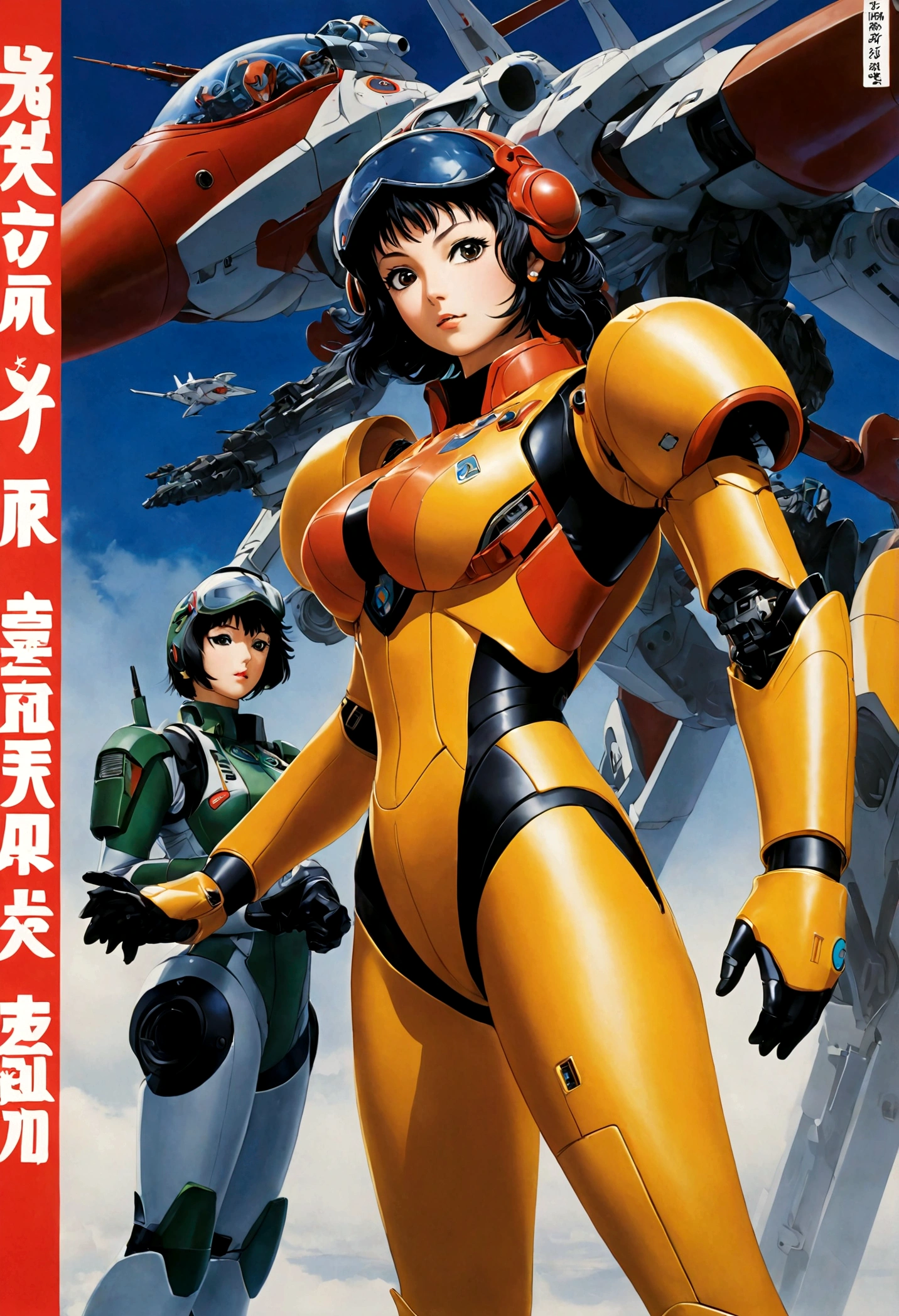 Macross Saga, (multiple subjects, extreme complexity) (subject 1:Rick Hunter (pilot suit)) and Lynn (subject 2: Minmei (j pop idol outfit)) with a Veritech fighter in robot mode standing in the background, movie poster