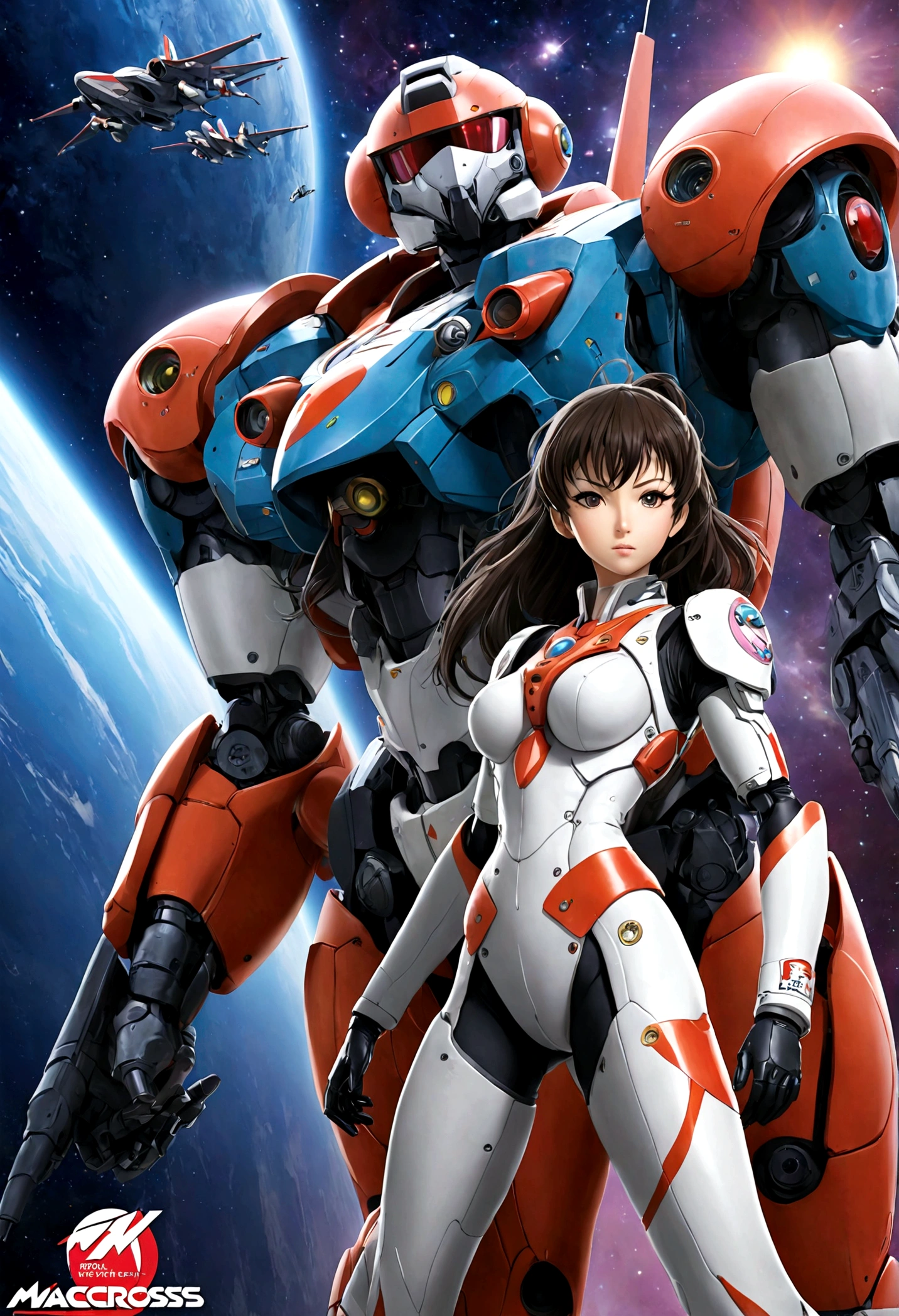 Macross Saga, (multiple subjects, extreme complexity) (subject 1:Rick Hunter (pilot suit)) and Lynn (subject 2: Minmei (j pop idol outfit)) with a Veritech fighter in robot mode standing in the background, movie poster