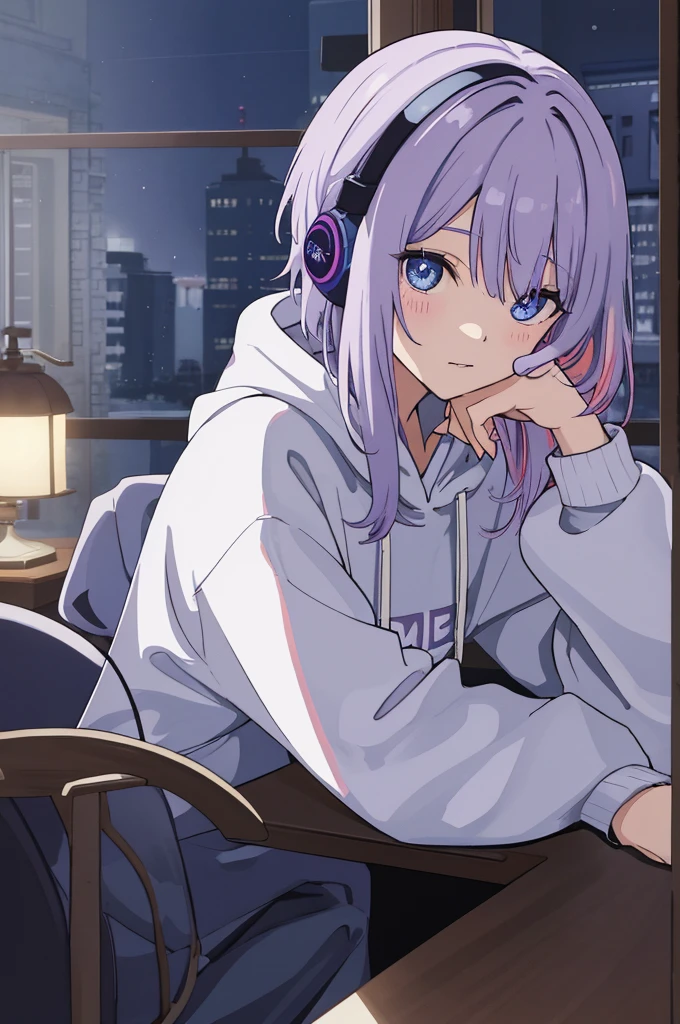 Scene View,null,anime style, house light ,night,headrest, intense angle, Curtsey,(Light purple hair)、(Web Hair)、medium hair、sparkling blue eyes、winter scenery,highest quality、Multicolored hair、((indoor))、headphone、white hoodie