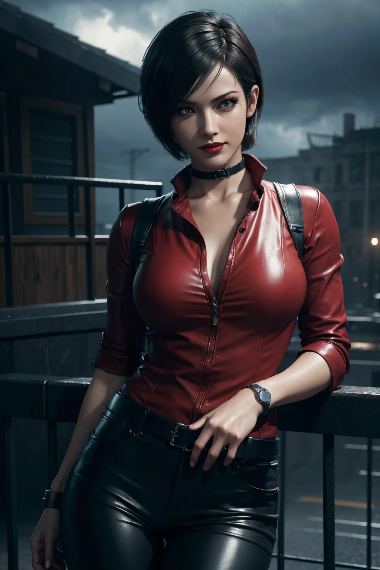 Resident Evil 6,Ada,Short Hair,Red Shirt,Stand up your collar,Black Leather Pants,Photorealistic,Ultra HD,high quality,masterpiece,Digital SLR,Detailed details,Intricate details,Anatomical basis,Depicted in detail,A detailed face,Realistic skin texture,Vivid details,Perfect Anatomy,Perfect Anatomy,Anatomically correct hand,Anatomically correct fingers,Super Detail,Complex 3D rendering,Sexy pose,Rainy Sky,Beautiful scenery,Fantastic rainy sky,Picturesque,Red Lip,smile,
