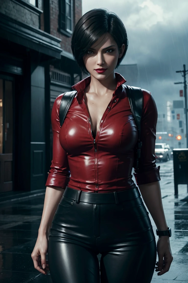 Resident Evil 6,Ada,Short Hair,Red Shirt,Stand up your collar,Black Leather Pants,Photorealistic,Ultra HD,high quality,masterpiece,Digital SLR,Detailed details,Intricate details,Anatomical basis,Depicted in detail,A detailed face,Realistic skin texture,Vivid details,Perfect Anatomy,Perfect Anatomy,Anatomically correct hand,Anatomically correct fingers,Super Detail,Complex 3D rendering,Sexy pose,Rainy Sky,Beautiful scenery,Fantastic rainy sky,Picturesque,Red Lip,smile,