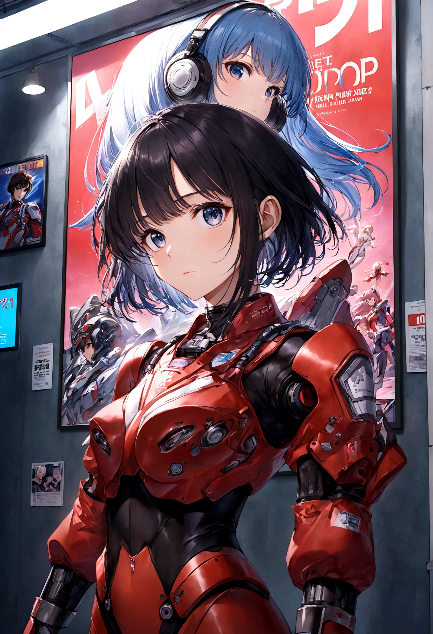 Macross Saga, (multiple subjects, extreme complexity) (subject 1:Rick Hunter (pilot suit)) and Lynn (subject 2: Minmei (j pop idol outfit)) with a Veritech fighter in robot mode standing in the background, movie poster