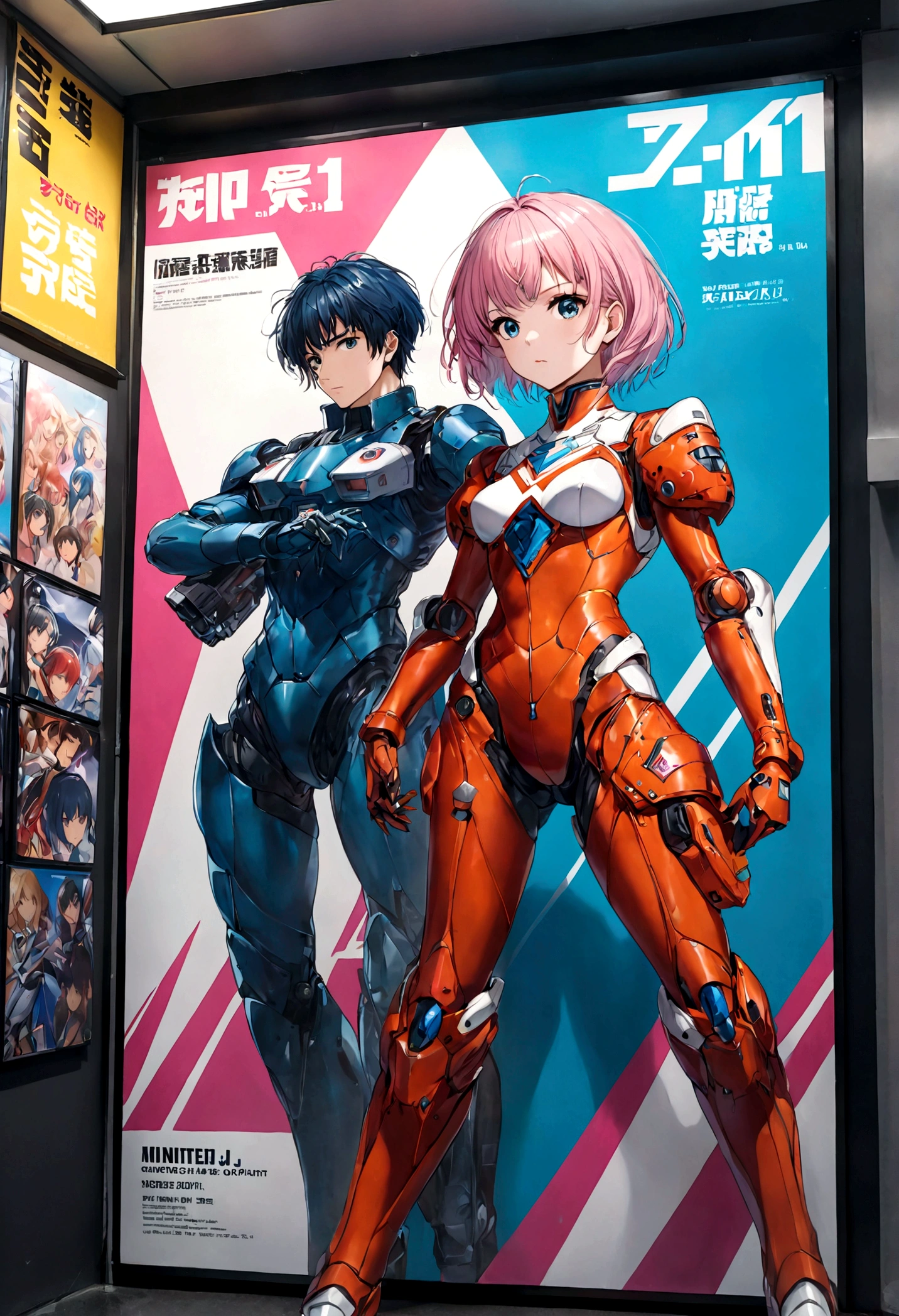 Macross Saga, (multiple subjects, extreme complexity) (subject 1:Rick Hunter (pilot suit)) and Lynn (subject 2: Minmei (j pop idol outfit)) with a Veritech fighter in robot mode standing in the background, movie poster
