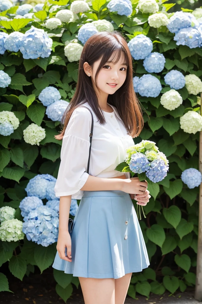 A cute 20-year-old girl in a park with hydrangeas in bloom(mini skirt)