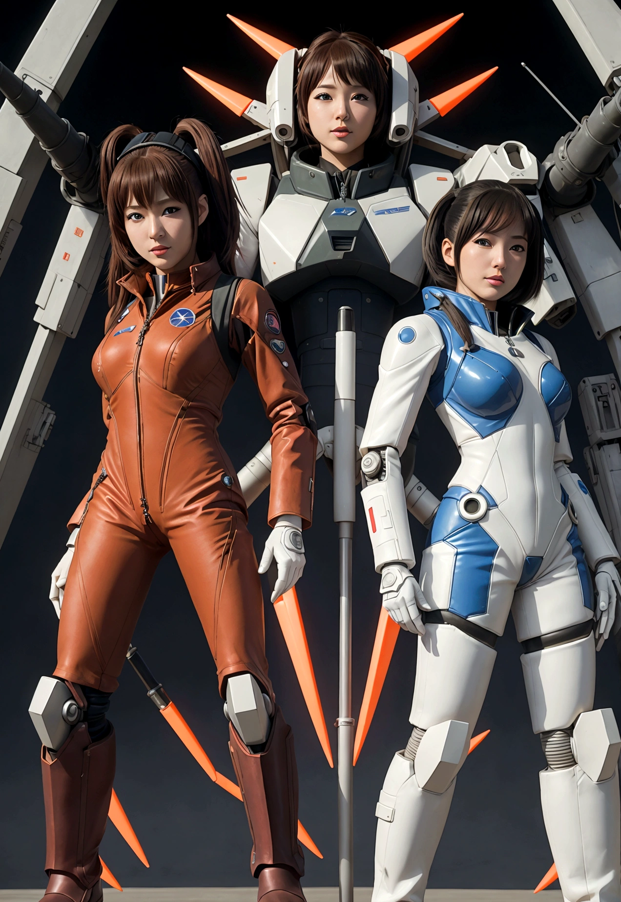 Macross Saga, (multiple subjects, extreme complexity) (subject 1:Rick Hunter (pilot suit)) and Lynn (subject 2: Minmei (j pop idol outfit)) with a Veritech fighter in robot mode standing in the background, movie poster