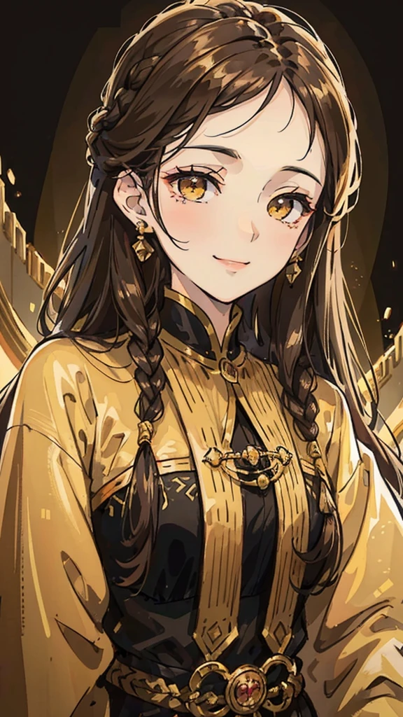 Woman , long dark brown hair, long dark brown hair , golden eyes, golden eyes, FOV, f1.8, masterpiece, front portrait shot, black and gold clothing, plain gold colored background, close up, smiling, front bangs, braid on the left side of hair