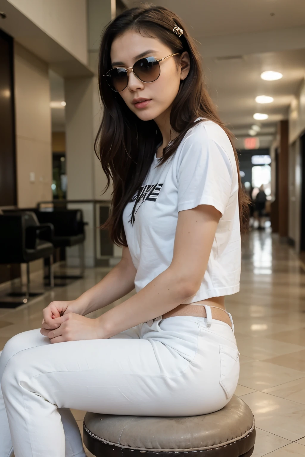 beautiful 30yo cute japan woman with long hair, sexy body, sitting pensively holding her cheek, at lobby mall, full of people, wearing a tight white Nike t-shirt, tight rockers-style jeans, sunglasses, white headphones. ((best quality)), ((masterpiece)), (detailed).
