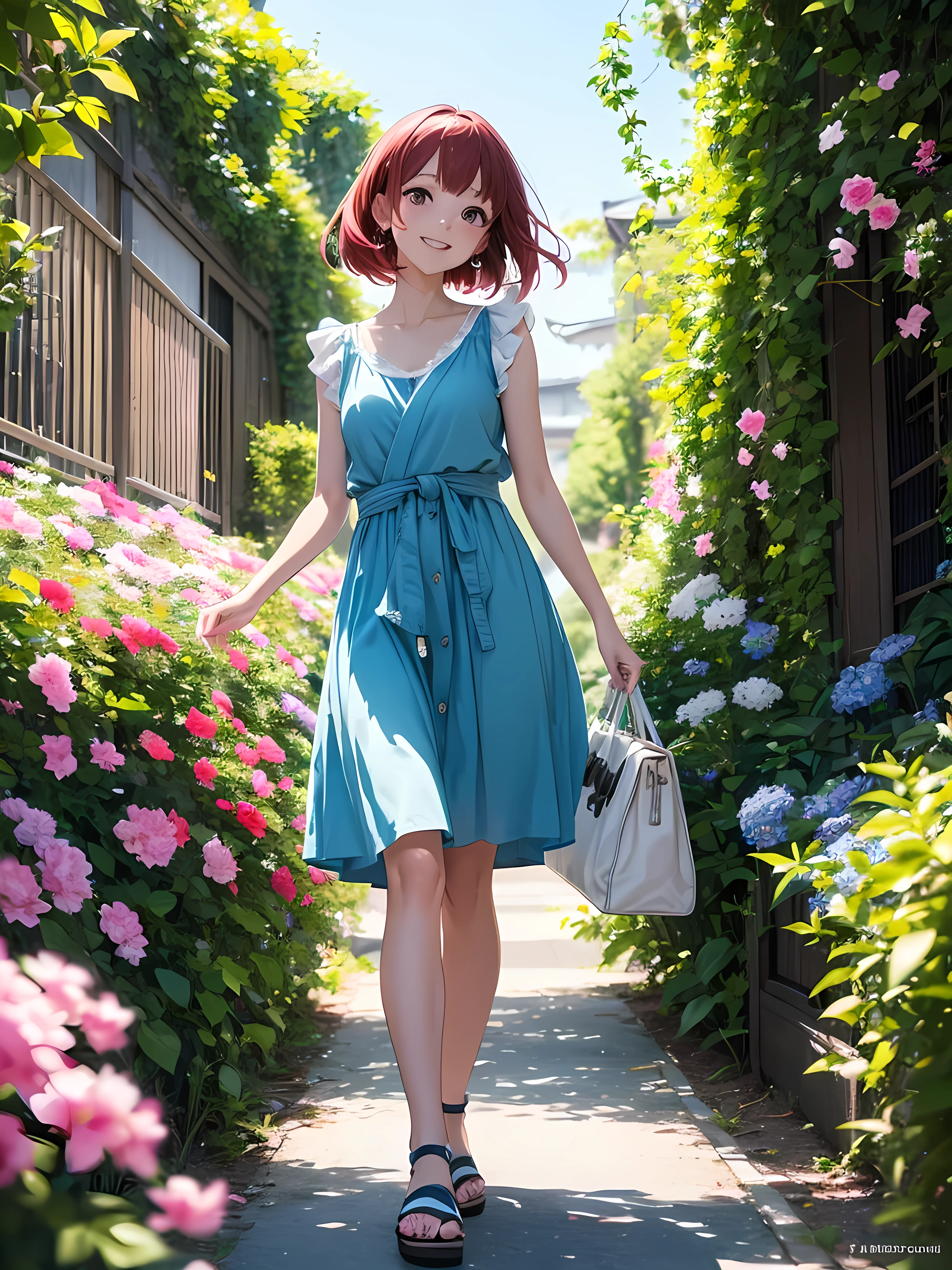 beautiful young woman, anime style, detailed face, red hair, red eyes, delicate features, soft lighting, wearing a stylish summer outfit, sundress, sandals, holding a small bag, standing outside in a sunny environment, vibrant greenery, clear blue sky, flowers in bloom, excited expression, dynamic pose, Japanese anime style, high quality, highly detailed, 8k resolution, cinematic lighting, best quality, vibrant colors, Instagrammable, aesthetic, trendy