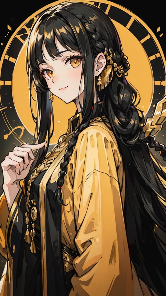 Woman , long black hair, long black hair , golden eyes, golden eyes, FOV, f1.8, masterpiece, front portrait shot, black and gold clothing, plain gold colored background, close up, smiling, front bangs, braid on the left side of hair