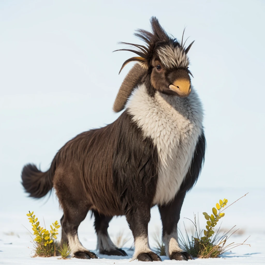 Small Animaly, has yellow stripes on his skin, his body is shaped like a mammoth but his face is like a emu and a ice, Grassroots background