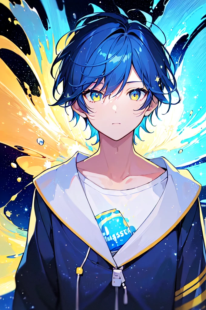 [(BLACK BACKGROUND:1.5),::5], ((((masterpiece)))), high quality, very_high_resolution, large_filesize, upper body, full color, ((Solo)), ((younger boy)), 13 old year, short deepblue hair, vivid color, ((yellow eye)), Summer clothes white, animestyle, ((GALAXY effect)), (NeonSoda Splash effect:1.3)