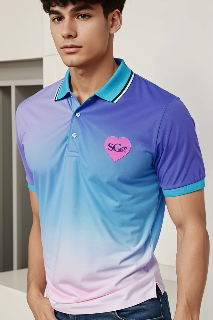 In a gradient color polo shirt create an logo on the heart area then at the side sleeve put a nickname and on the bottom part of both front and back put a wavy lines then inside that wavy line put a Treasurer on the front and SSLG on the back