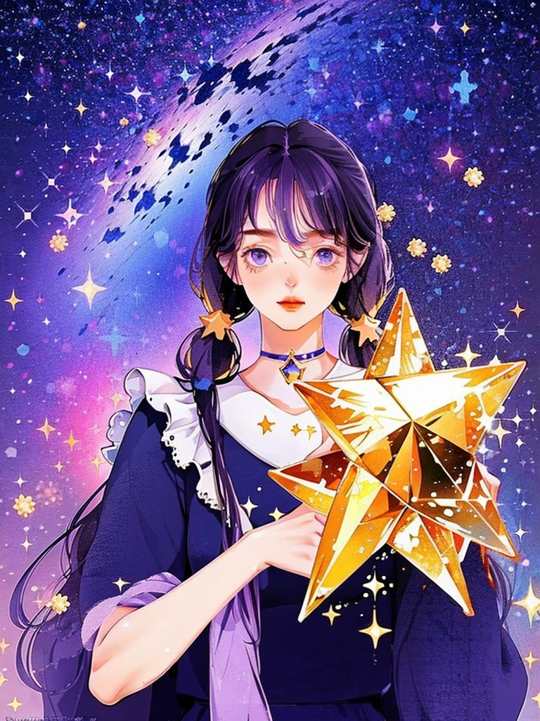 girl, located in the corner, looking at the sky, solo, Mona (Genshin Impact), choker, hair between eyes, star (symbol), long hair, dark purple hair, twintails, blue eyes, shining eyes, jewelry, witch, maid, bangs, purple black dress, purple skirt, white apron, landscape, night sky, star (sky), starry sky, night, outdoor, clouds, reflection, water, magic, tarot, water magic, ((beautiful golden crystal star)),  space, water droplets, splash
