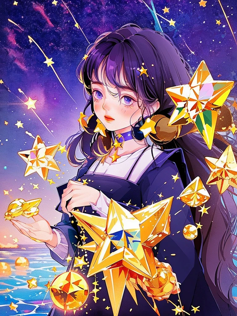 girl, located in the corner, looking at the sky, solo, Mona (Genshin Impact), choker, hair between eyes, star (symbol), long hair, dark purple hair, twintails, blue eyes, shining eyes, jewelry, witch, maid, bangs, purple black dress, purple skirt, white apron, landscape, night sky, star (sky), starry sky, night, outdoor, clouds, reflection, water, magic, tarot, water magic, ((beautiful golden crystal star)), space, water droplets, splash