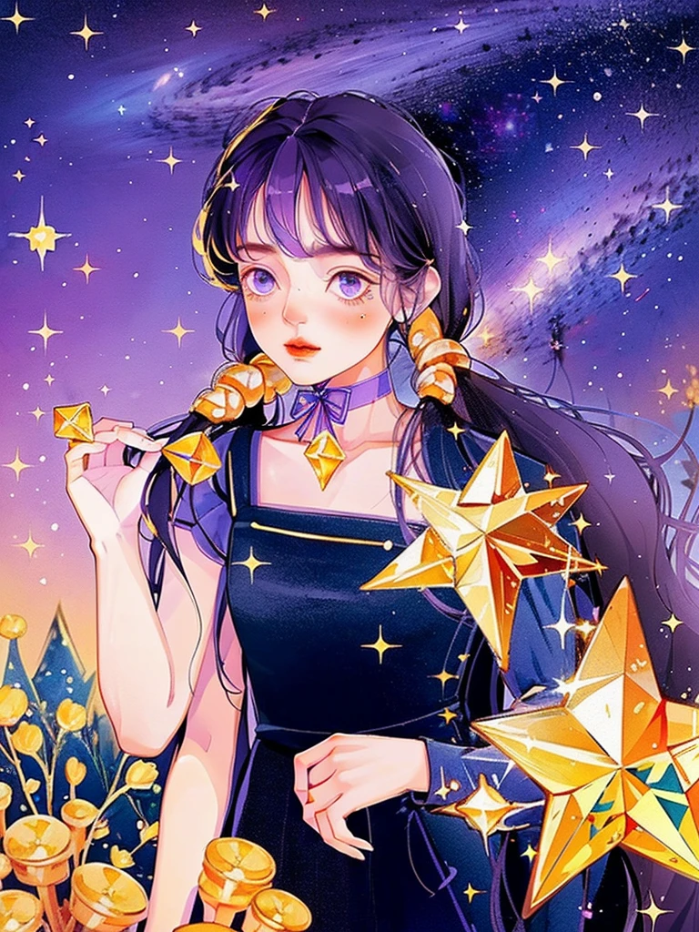 girl, located in the corner, looking at the sky, solo, Mona (Genshin Impact), choker, hair between eyes, star (symbol), long hair, dark purple hair, twintails, blue eyes, shining eyes, jewelry, witch, maid, bangs, purple black dress, purple skirt, white apron, landscape, night sky, star (sky), starry sky, night, outdoor, clouds, reflection, water, magic, tarot, water magic, ((beautiful golden crystal star)), space, water droplets, splash