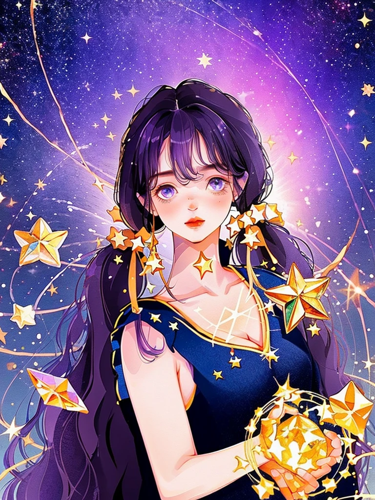 girl, located in the corner, looking at the sky, solo, Mona (Genshin Impact), choker, hair between eyes, star (symbol), long hair, dark purple hair, twintails, blue eyes, shining eyes, jewelry, witch, maid, bangs, purple black dress, purple skirt, white apron, landscape, night sky, star (sky), starry sky, night, outdoor, clouds, reflection, water, magic, tarot, water magic, ((beautiful golden crystal star)), space, water droplets, splash