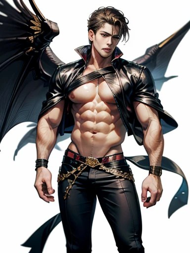 ((obra de arte, melhor qualidade, high resolution)) A handsome man with black demon wings, olhos vermelhos, Orelhas pontudas, muscular
