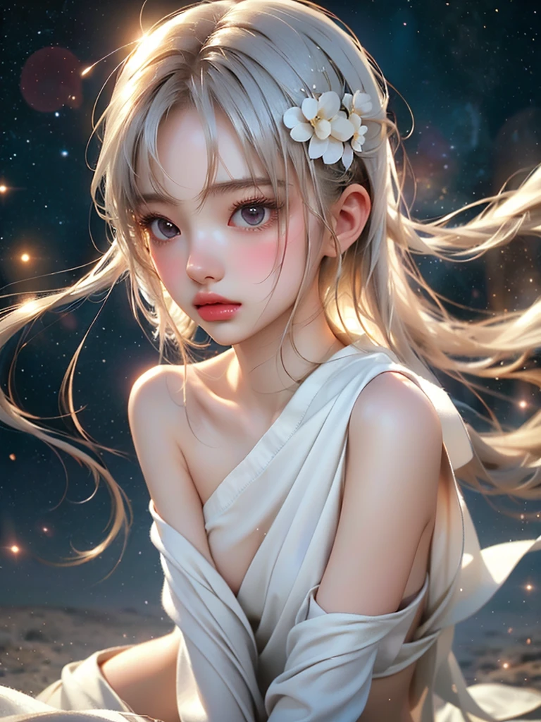 4K Ultra HD, masterpiece, A girl with a magical aura, Nice face, Long Hair, Shiny Hair, Fine grain, Glossy lips, Nude 1.5, Aura around the body, Magical Effects, Spreading white light, Cosmic elements and ethereal atmosphere, A mix of bright lights and colorful nebulae, Space Background,, Full Body Capture.Whitening、Silver Hair、(((Naked and wearing white cloth 1.5)))、Hair and fabric fluttering in the wind、(((2Girl 1.5)))