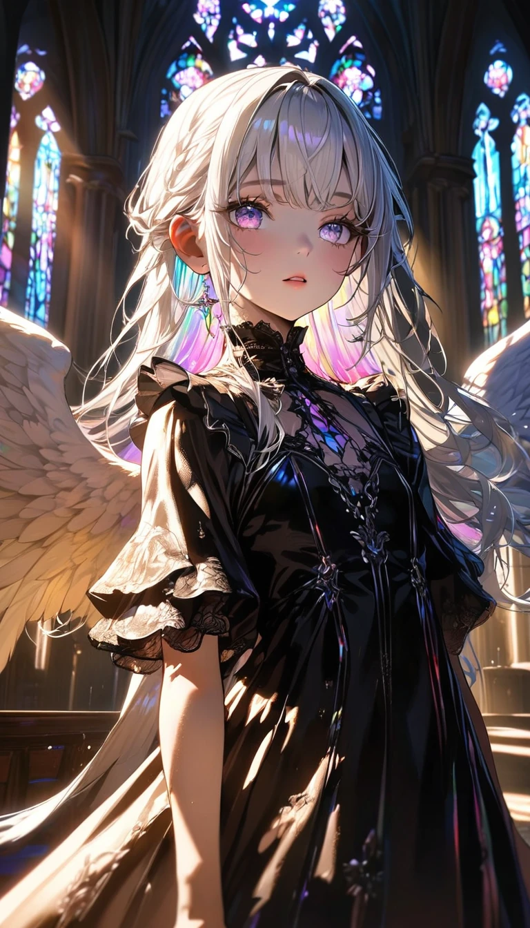 (absurdres:1.5), (highres), (best quality:1.1), (ultra-detailed:1.1), (an extremely delicate and beautiful), 1 girl, beautiful face, (detailed face), best quality, angel、White hair, iridescent inner hair color, flat chest, gothic dress, angel wings on her back, high resolution,high quality background, depth of field, cathedral with stained glass, colorful glass, high ceiling, (cinematic light:1.2), golden hour light, light sparkles, sunbeam,