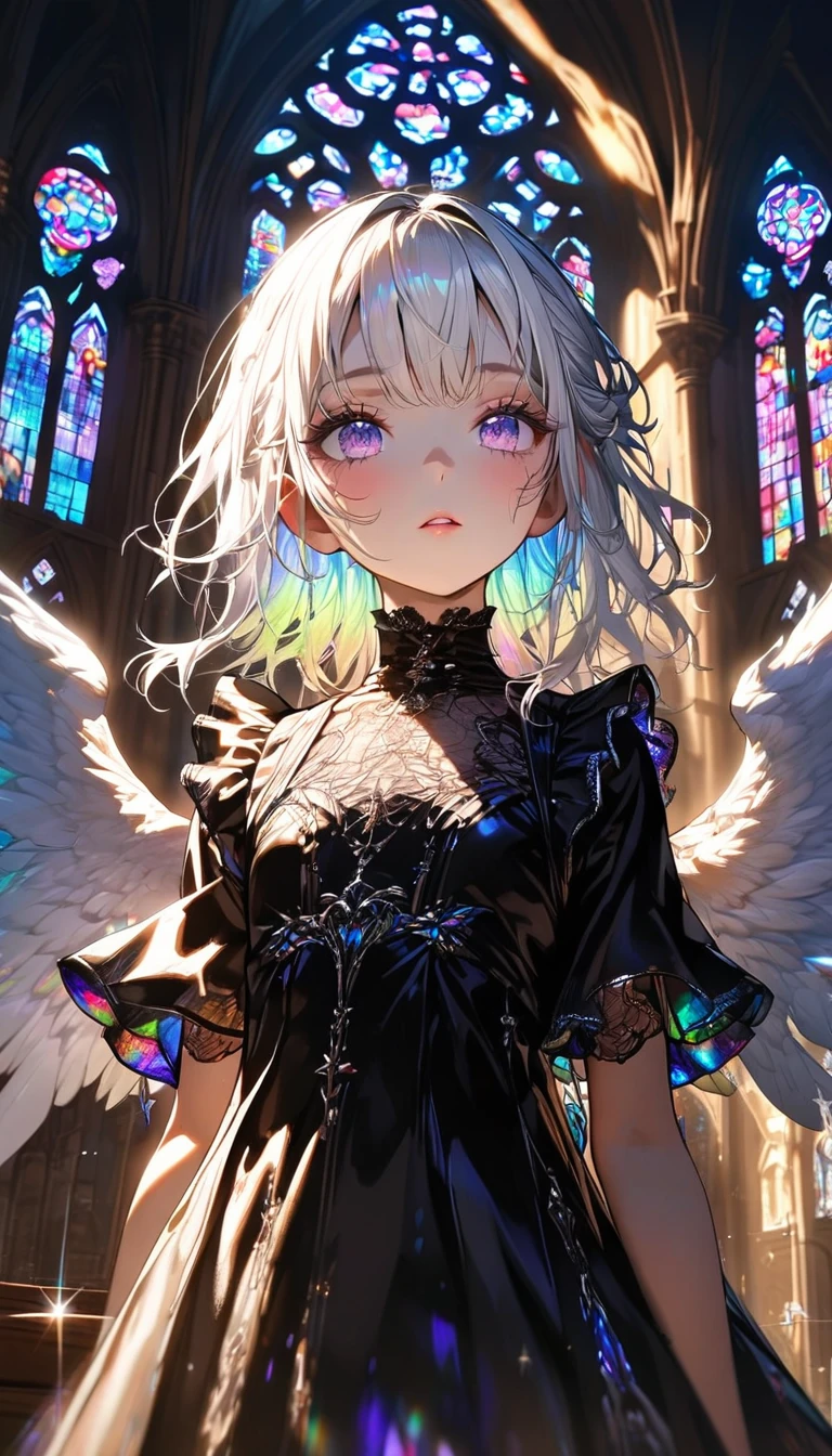 (absurdres:1.5), (highres), (best quality:1.1), (ultra-detailed:1.1), (an extremely delicate and beautiful), 1 girl, beautiful face, (detailed face), best quality, angel、White hair, iridescent inner hair color, flat chest, gothic dress, angel wings on her back, high resolution,high quality background, depth of field, cathedral with stained glass, colorful glass, high ceiling, (cinematic light:1.2), golden hour light, light sparkles, sunbeam,