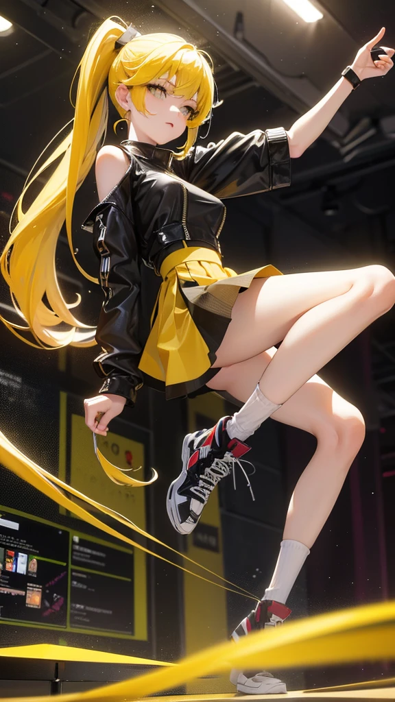 girl in short skirt, yellow hair, Twin Tail, full height, 3D wallpaper.