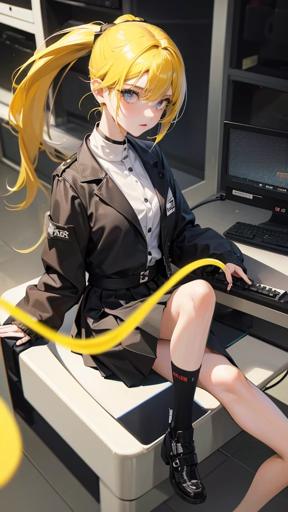 girl in a very short skirt, yellow hair twin ponytail on both sides, full height. 3D wallpaper for phone and computer