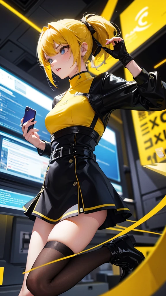 girl in a very short skirt, yellow hair twin ponytail on both sides, full height. 3D wallpaper for phone and computer