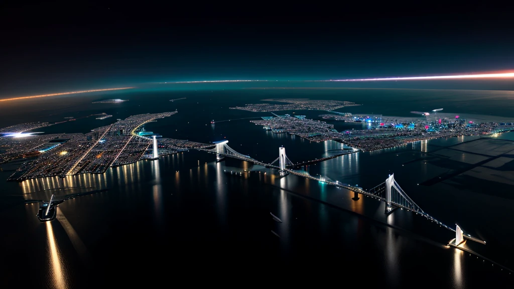 Night view from the plane,futuristic city:1.3,port,Flying spaceship,Skyscraper,masterpiece,best quality,Ultra-high resolution,(Very detailed:1.2),8K,Reality,best aesthetics,beautiful,Reduce the repetition of high-rise buildings and reduce the repetition of low-rise houses