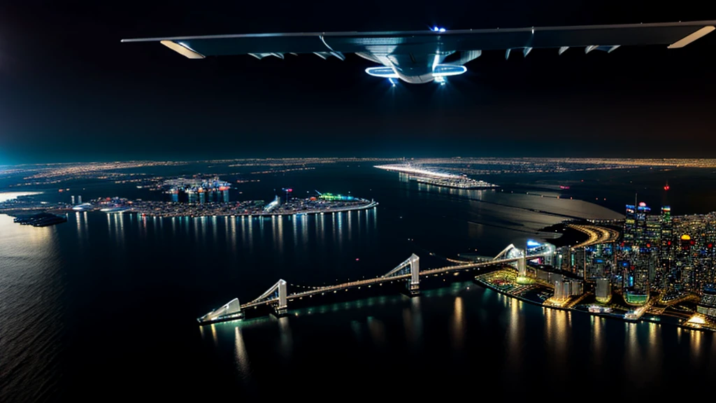 Night view from the plane,futuristic city:1.3,port,Flying spaceship,Skyscraper,masterpiece,best quality,Ultra-high resolution,(Very detailed:1.2),8K,Reality,best aesthetics,beautiful,Reduce the repetition of high-rise buildings and reduce the repetition of low-rise houses