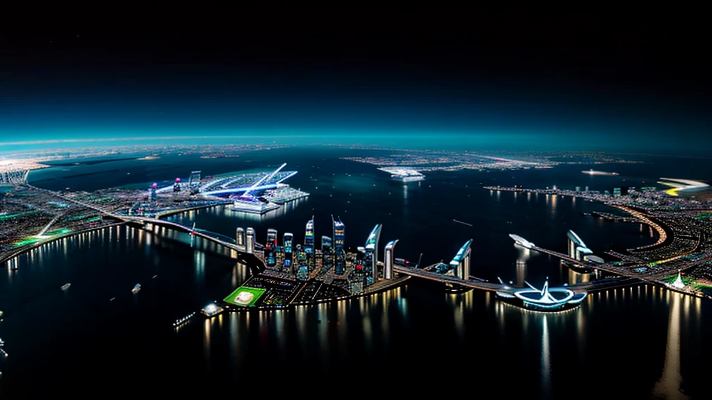 Night view from the plane,futuristic city:1.3,port,Flying spaceship,Skyscraper,masterpiece,best quality,Ultra-high resolution,(Very detailed:1.2),8K,Reality,best aesthetics,beautiful,Reduce the repetition of high-rise buildings and reduce the repetition of low-rise houses