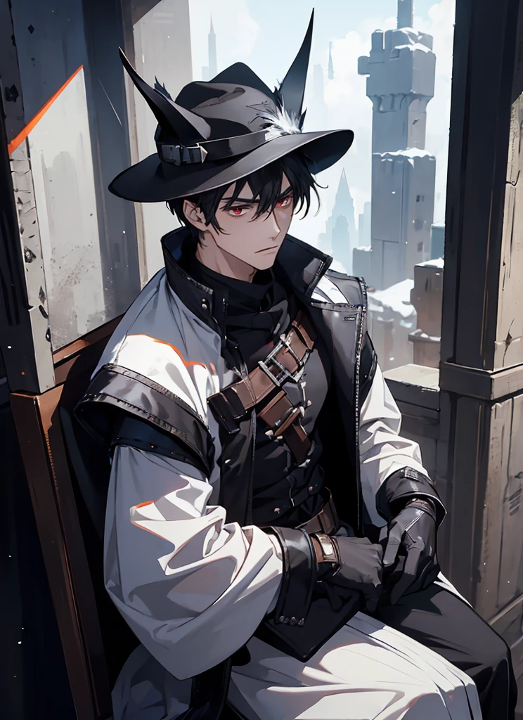1man Gunslinger,Coldplace,fantasy, blackhair, cat ear, tall, glove, wearing hat, handsome, villian face, red eye, 21 yearold, wearing white winter armor, game of throne, male